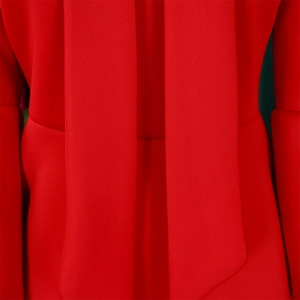 Close-up of vibrant red dress fabric with detailed vertical lace-up ribbon ties