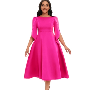 Detail of elegant hot pink A-line dress featuring stylish split bell sleeves and flared hem
