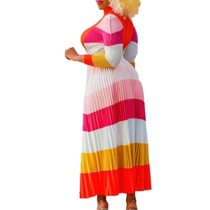 Detail of multi-color horizontal stripes and fine pleated texture on long sleeve dress
