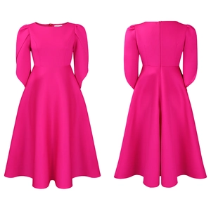 Front and back view of rose red elegant A-line long sleeve dress with invisible zipper