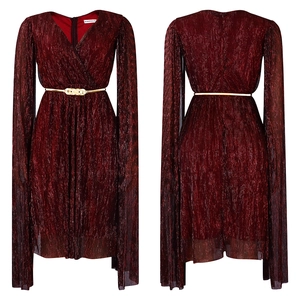 Macro detail of wine red shimmering V-neck gown with golden belt front and back view