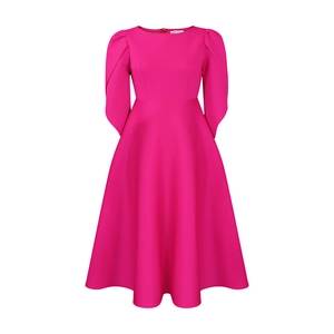 Detail of rose red dress with elegant puff sleeves and a sophisticated pleated waist design