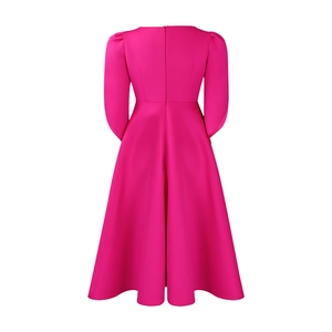 Back view of magenta midi dress with puff sleeves and invisible zipper closure