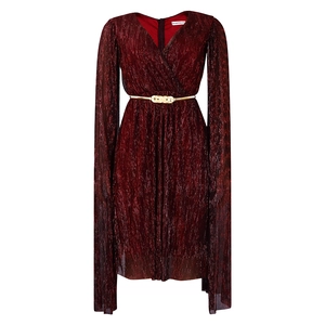 Close-up of V-neck burgundy dress with metallic pleats and golden braided waist belt