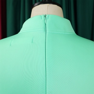 Detail of mint green puff sleeve dress featuring a hidden back zipper and stand collar