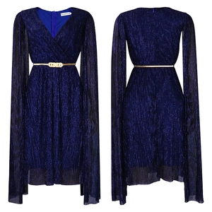Detail of navy blue shimmering V-neck gown with cape sleeves and gold metal belt
