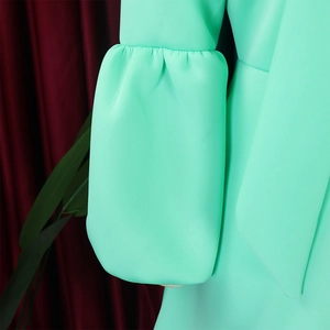 Close-up of mint green puff sleeves and pleated cuffs on a banquet evening dress