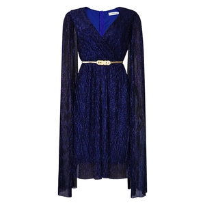 Detail of navy blue V-neck dress with shimmering pleated fabric and golden bow belt