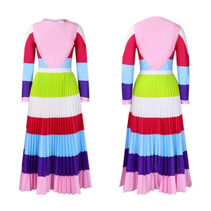 Detailed front and back view of long sleeve rainbow pleated dress with geometric print