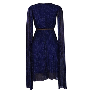 Detail of dark blue glitter fabric dress with long cape sleeves and a gold metal belt