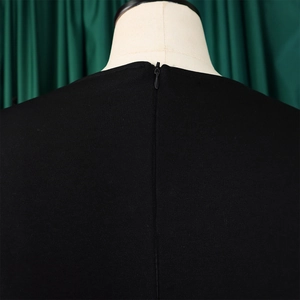 Close-up of the back neckline featuring a hidden zipper on this black mesh jumpsuit