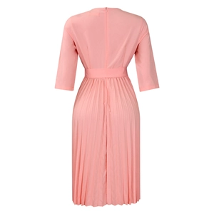 Rear view of pink pleated midi dress showing the invisible zipper and waist tie detail
