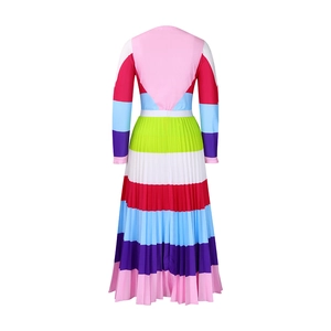 Detail view of colorful pleated dress with vibrant stripes and fine accordion folds