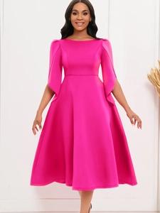 Elegant hot pink A-line midi dress with slit flared sleeves and a high-waisted design