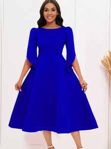 Elegant royal blue A-line midi dress with unique cape sleeves and round neck style
