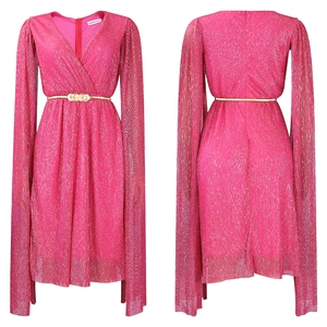 Detailed front and back views of a pleated V-neck cape dress with a gold belt in fuchsia