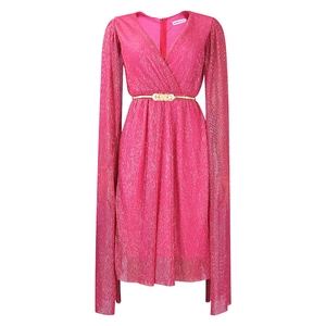 Detail of glitter fabric texture on pink V-neck cape dress with gold metal belt