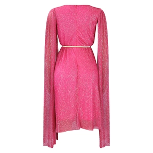 Detail of rose red cape sleeve dress with metallic glitter fabric and thin gold belt