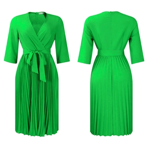 Detailed front and back views of a bright green V-neck pleated midi dress with waist tie