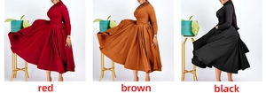 Detailed comparison of high neck dresses with beaded collars in red, brown, and black