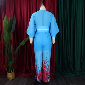 Rear view of light blue two-piece set featuring pleated trousers with large floral prints