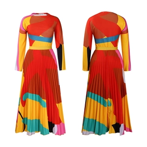 Detailed front and back views of a long-sleeve pleated dress with abstract geometric print