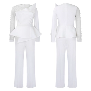 Front and back detail of white jumpsuit featuring sheer mesh sleeve with pearl beads