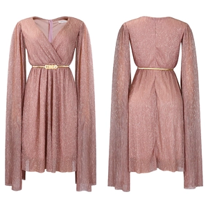 Detail of V-neck cape sleeve maxi dress in pleated fabric with thin golden belt