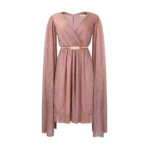Detail of V-neck metallic pleated dress with cape sleeves and a thin gold belt