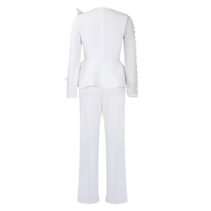Rear view of white peplum top and trousers set with mesh pearl-beaded sleeve detail