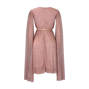 Pink pleated cape sleeve dress with metallic finish and slim gold belt detail