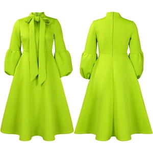 Detailed front and back view of neon green puff sleeve midi dress with high neck bow tie