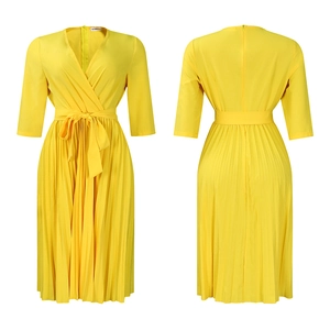 Detailed front and back view of a yellow V-neck pleated midi dress with waist tie