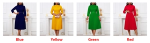 Collage of elegant pleated dresses in navy blue, yellow, green, and red color options