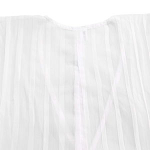 Close-up of white vertical pleated fabric on a V-neck top showing detailed texture