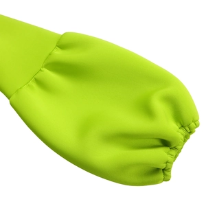 Detail of neon green puff sleeves with elastic cuffs on a formal evening gown