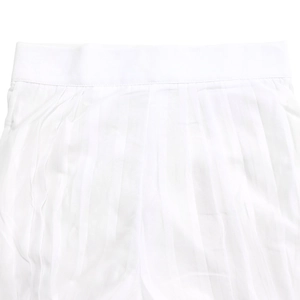 Detail of white pleated wide-leg trousers showing vertical texture and flat waistband