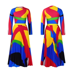 Front and back view of long sleeve pleated dress with abstract colorful geometric print