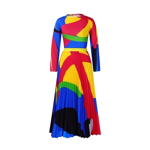 Detailed view of the accordion pleats on this colorful geometric print dress set