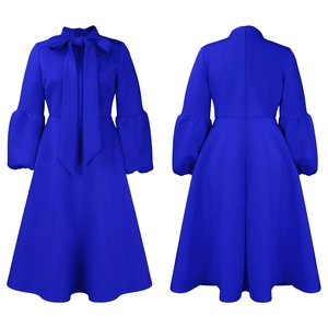 Front and back view of Royal Blue dress with lantern sleeves and oversized bow neckline