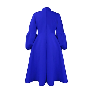 Detail view of the back zipper and high-waist A-line silhouette of this royal blue dress