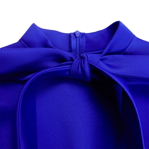 Close-up of royal blue dress neckline featuring a decorative bow and back zipper