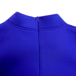Detail of royal blue dress stand collar and high-quality invisible back zipper closure