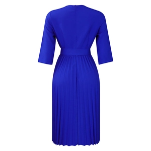 Back view of royal blue pleated midi dress with half sleeves and waist tie detail