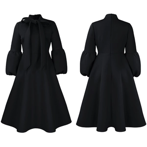 Detail of puff sleeves and bow tie neckline on this high-waisted black midi dress