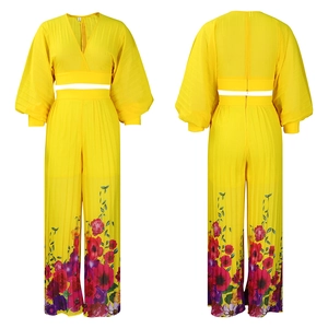 Front and back view of yellow V-neck chiffon top and floral wide-leg pants set