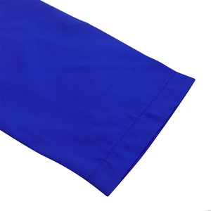 Detailed close-up of stitching and royal blue fabric texture on an elegant V-neck dress