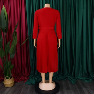 Rear view of a dark red long-sleeve pleated dress featuring elegant waist and fine textures