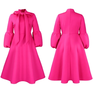 Front and back detail of rose pink dress with bow tie collar and lantern sleeves