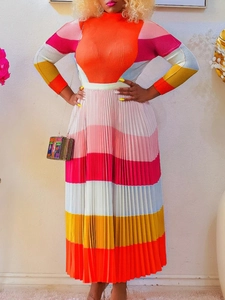 Women Elegant Pleated Skirt Set Long Sleeve Top And Maxi Skirt Geometric Printed Color Block Two Piece Fashion Suit